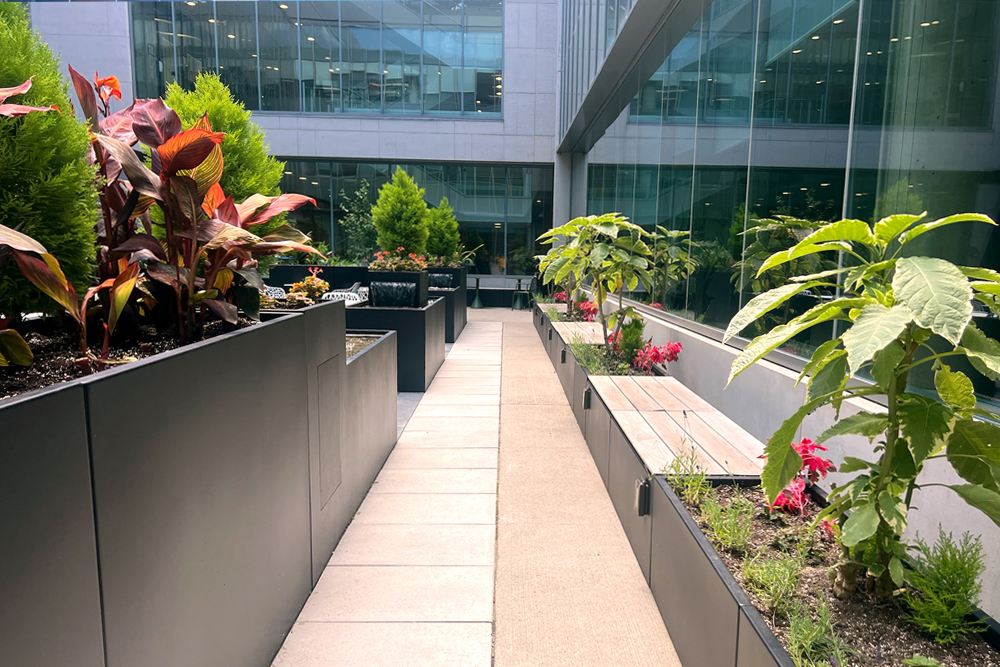 Green Theory Join Modular Planters with with electrical accommodation and integrated seating installed in the Guelph City Hall courtyard.