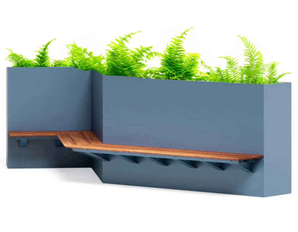 A cantilever seat wall-mounted to the side of a Join Planter