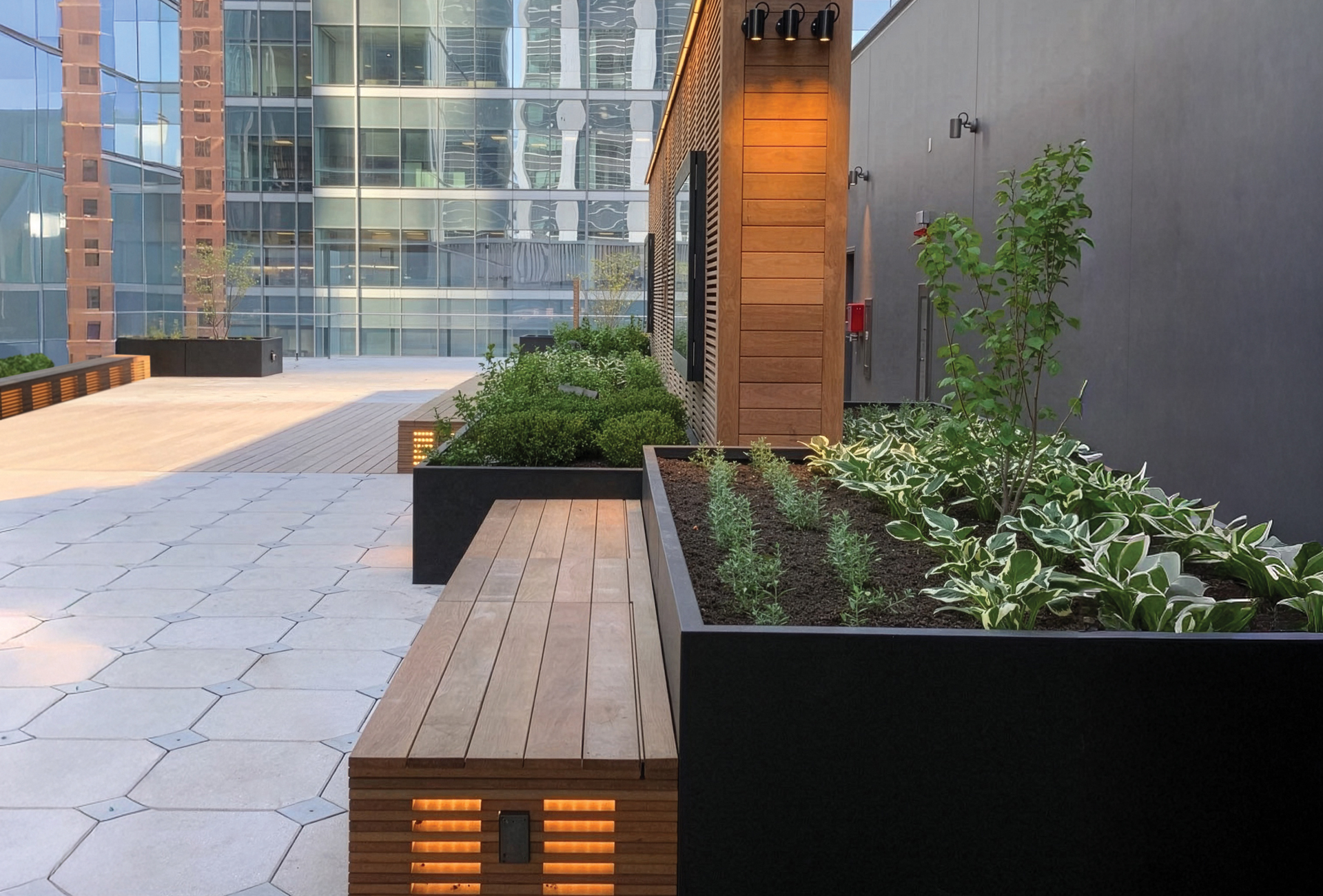 Join Modular Metal Planters from Green Theory installed on an outdoor terrace at Scotiabank Tower North in Toronto, Ontario.