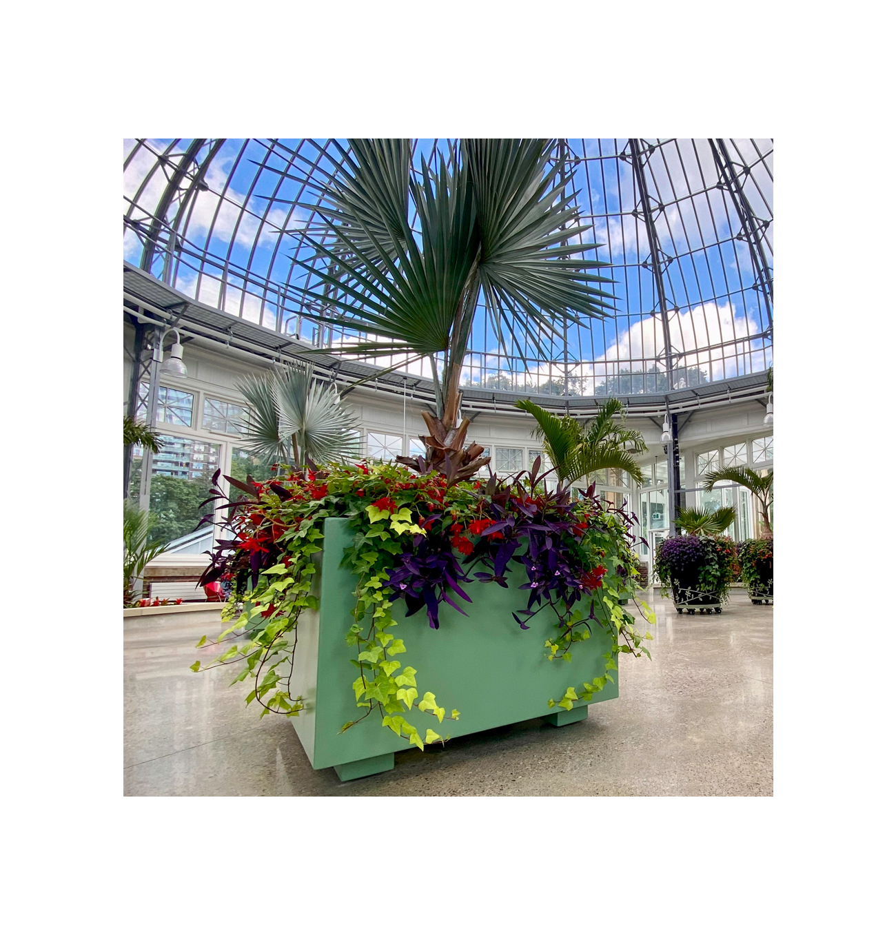 Green Theory custom metal planters in the Palm House at Allan Gardens Conservatory, Toronto.