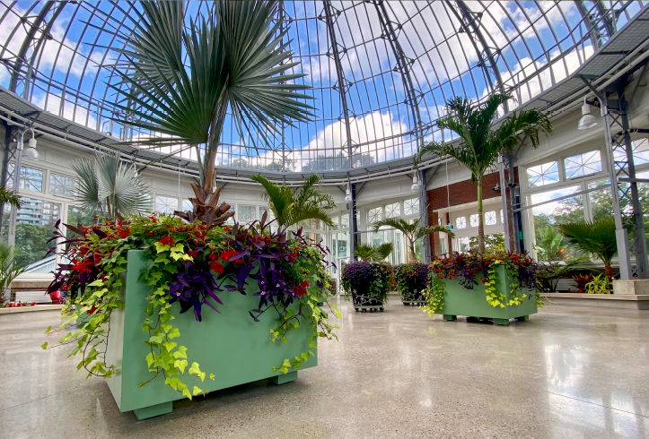 Green Theory custom metal planters with forklift slots for movability.