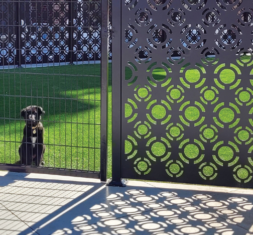 Omega Unik perforated panel fence system surrounding a dog off-leash area.