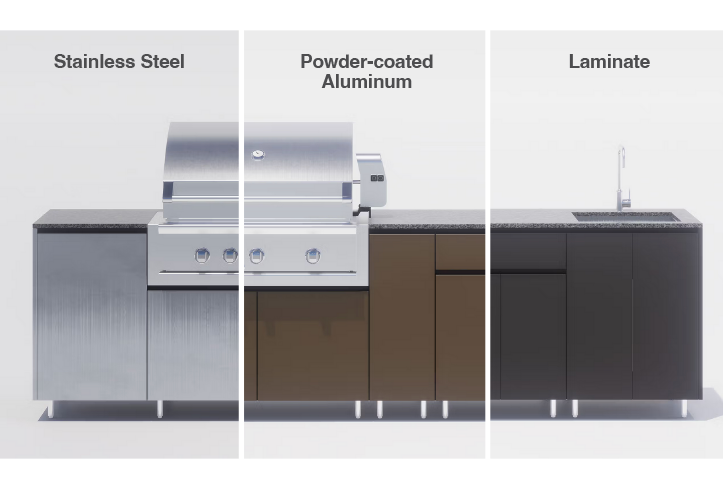 Outerspace Outdoor Kitchen cabinet finishes including stainless steel, powder-coated aluminum, and laminate.