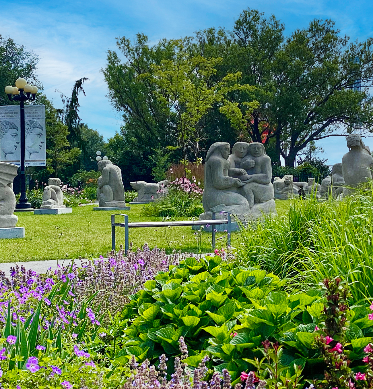 A Victor Stanley backless bench in the Garden of the Greek gods at Exhibition Place in Toronto.